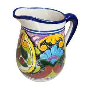 Hand-Painted Mexican Talavera Pottery Pitcher - Colorful Floral Design Singed Pi